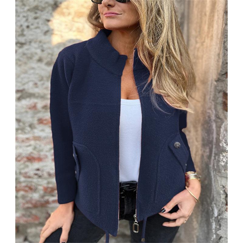 Women S Casual Wool Blend Lapel Tie Fake Pocket Blazer Coat
