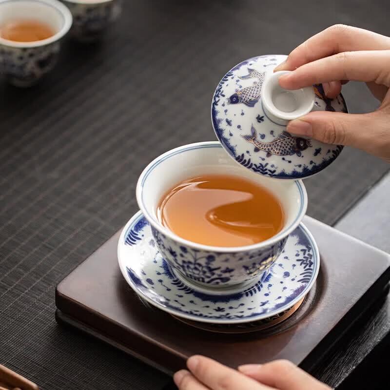 Su Aizhen Master Ceramic Blue & White Gold-Painted Fish Tea Set