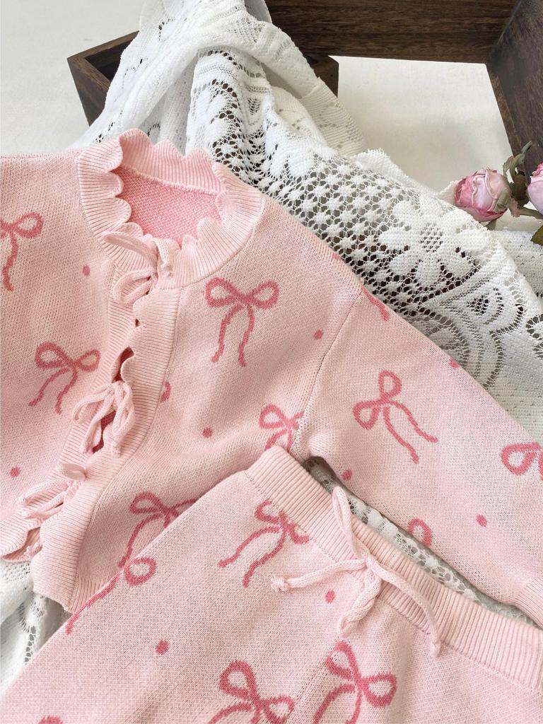 Girls' Autumn-Winter Bow Knit Cardigan & Pants Set