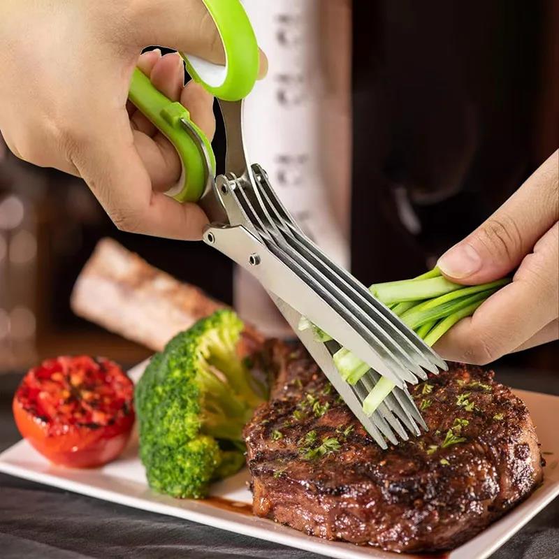 Herb Scissors Stainless Steel 5 Blade Kitchen Shears Household Vegetable Cutter with Cover Multifunctional Kitchen Gadgets5