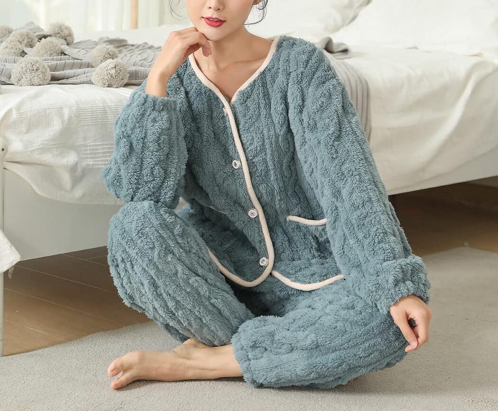 DAYCLOSET Long Sleeve Fluffy Boa Top and Bottom Cable Winter Wear Dusty Women's Loungewear, Set, Knit, (Size M, Blue)