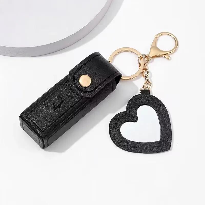 2pcs Portable Leather Lipstick Bag Makeup Pouch Lip Balm Bag Keychain Holder Lipsticks Protective Cover With Mirror
