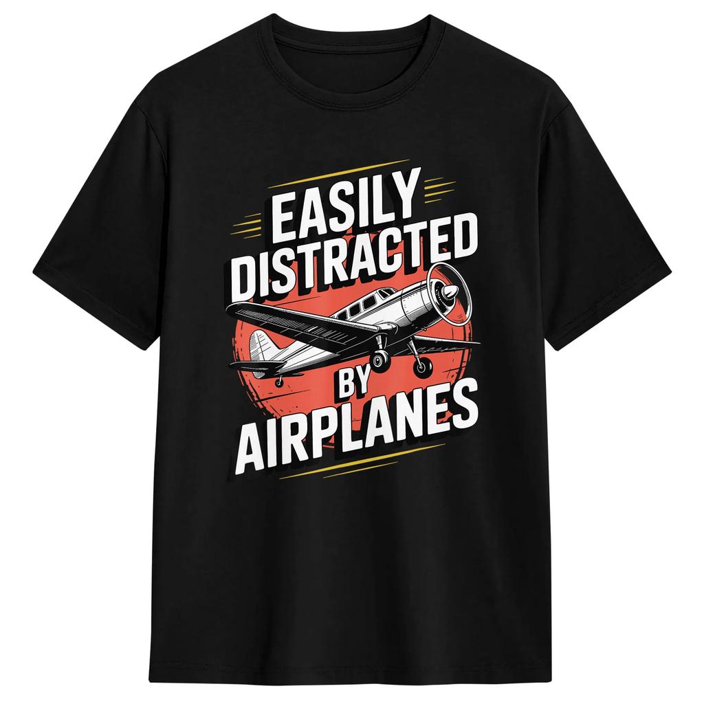 Vintage T Shirt Summer Easily Distracted by Airplanes Leisure T Shirts Cotton Tshirt for Y2K Retro Loose Short Sleeve Tops