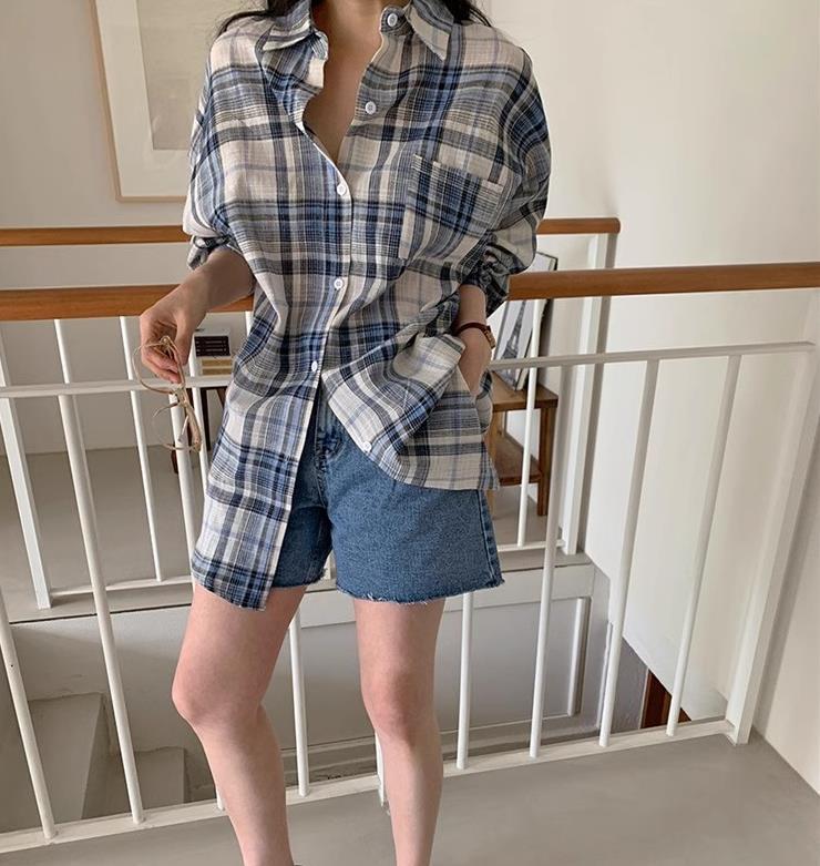 New 2025 Women's Loose-Fit Korean Blue Plaid Shirt Top