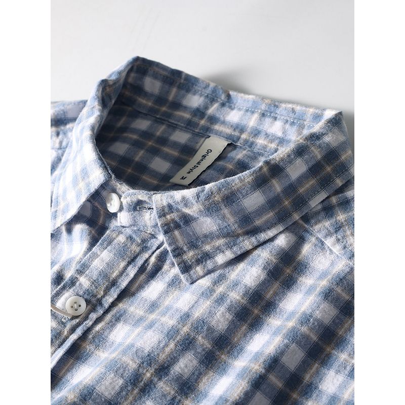 Japanese Retro Pure Cotton Plaid Short-Sleeve Shirt for Men, Summer 2024 New Style, Export Men's Clothing Shirt