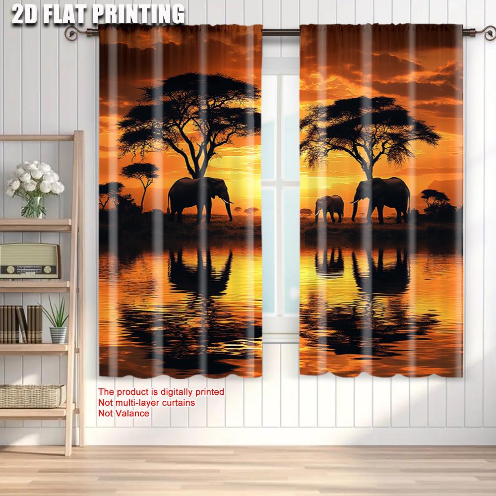 Set Of 2 Plane Printing Popular Curtain Panels African Sunset Elephant Polyester Without Rod Decorations Outdoor Use