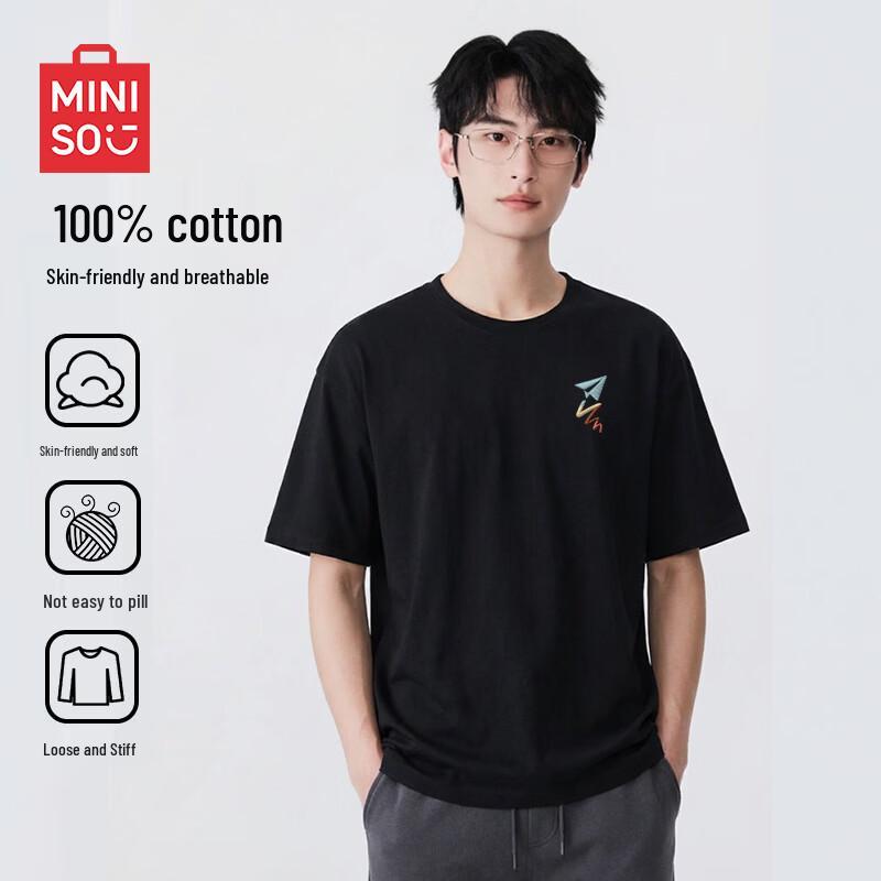 MINISO Men's Casual Round Neck Combed Cotton T-Shirt with Chest Print