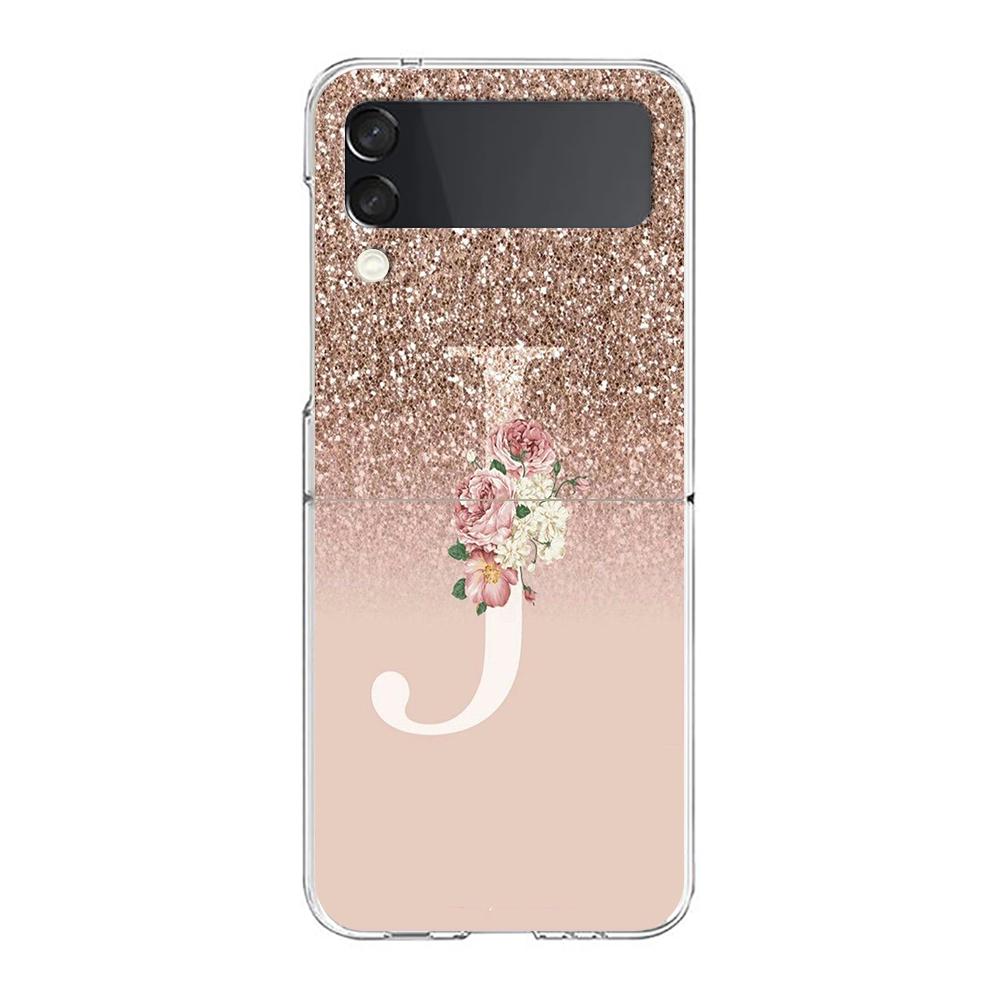 Letter Pink Shiny M R Phone Case For Samsung Galaxy Z Flip 3 4 5 Hard Folding Clear PC Bumper For Samsung Z Flip 6 Cover