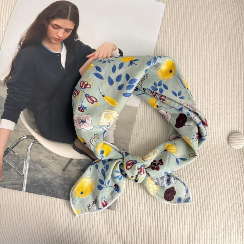 Premium 90Cm Floral Large Square Scarf Cotton And Linen Silk Scarf Women'S Headscarf Thin Scarf Sun Protection Shawl Outer Yarn
