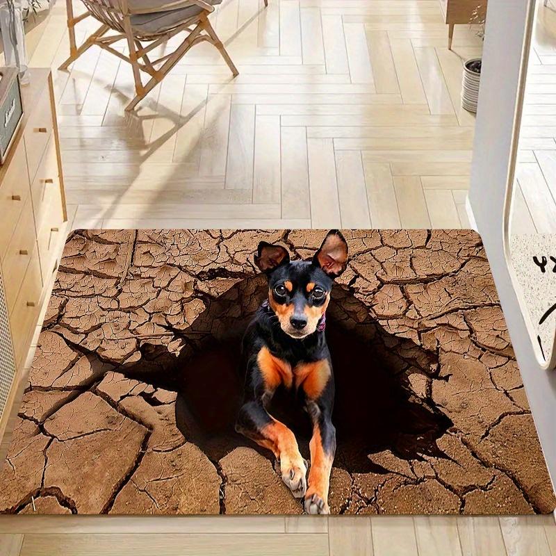 Soft Flannel Area Rug Non-slip Absorbent Floor Mat 3D Cracked Earth Dog Pattern Carpet for Entryway Bathroom Decor