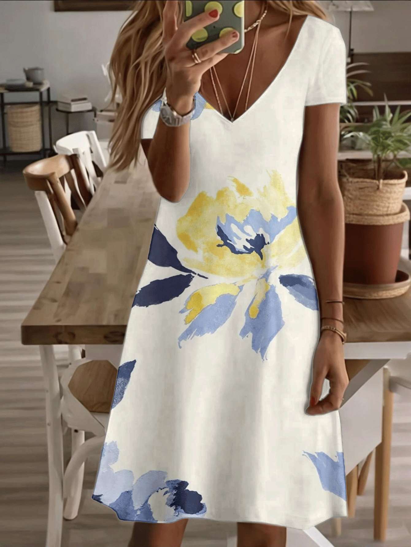 

Vneck shortsleeve midi dress sunflower bloom print pattern 3D premium printing longlasting casual fashion summer elegant floral dress for women beach S дубильная кора