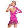 Damen Latin Tango Tanzkostüm Durchsichtiges Netz Patchwork Cut-out Rücken Funkelnde Strasssteine Asymmetrisches Fransenkleid