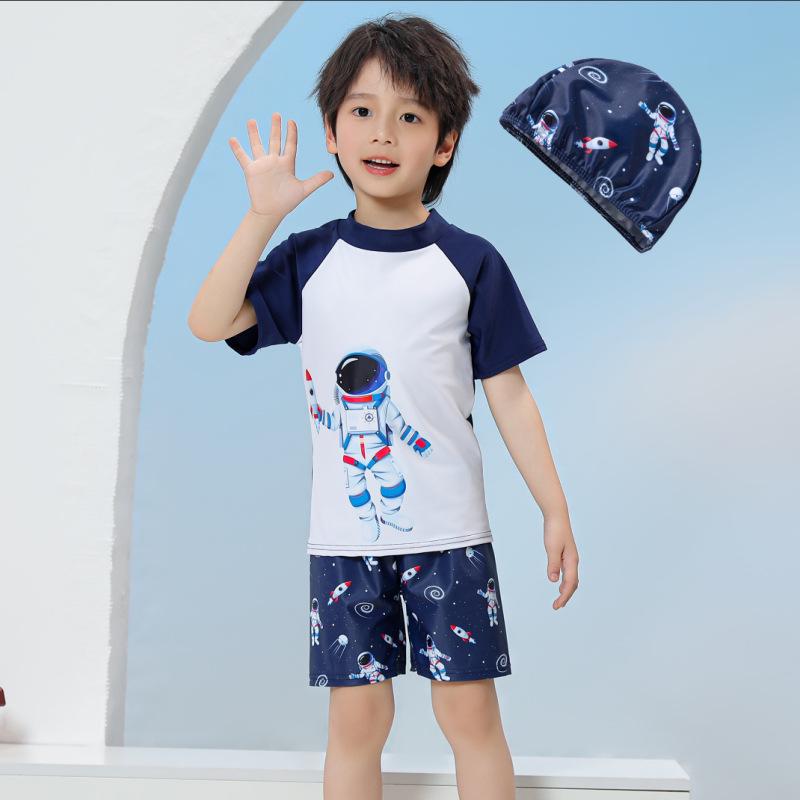 Children's Quick-Dry UPF Sun Protection Swim Set: Boys' Short-Sleeved Swimsuit and Baby Diving/Surfing Suit