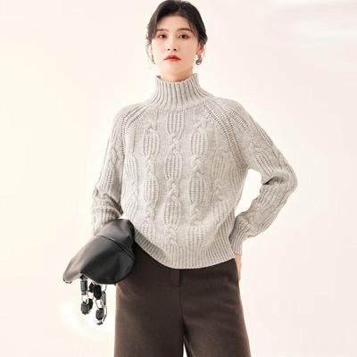 Jinjv Women's 100% Lambswool Relaxed Fit Cable Knit Turtleneck Sweater