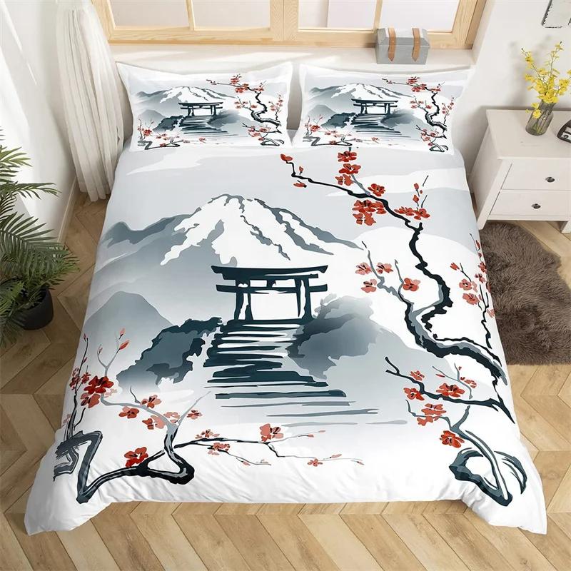 Ink Painting Duvet Cover Japanese Style Mount Fuji Comforter Cover Red Cherry Blossoms Print Bedding Set For Adults Teens Girls