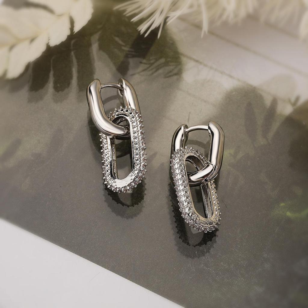 Trendy Double Hoop Oval Ear Cuff with Full Crystals Unique Fashion Earrings for Women