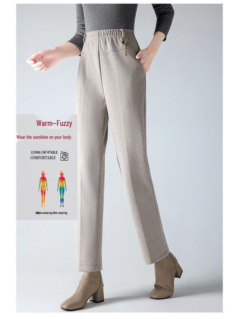 Damskie spodnie z wysokim stanem i podszewką z polaru 2025 - Wiosna/Jesień, Grube wełniane z prostymi nogawkami dla osób w średnim wieku i starszych