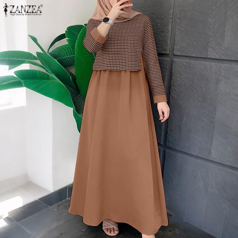ZANZEA Women Casual Round Neck Loose Long Sleeve Print Dress Muslim