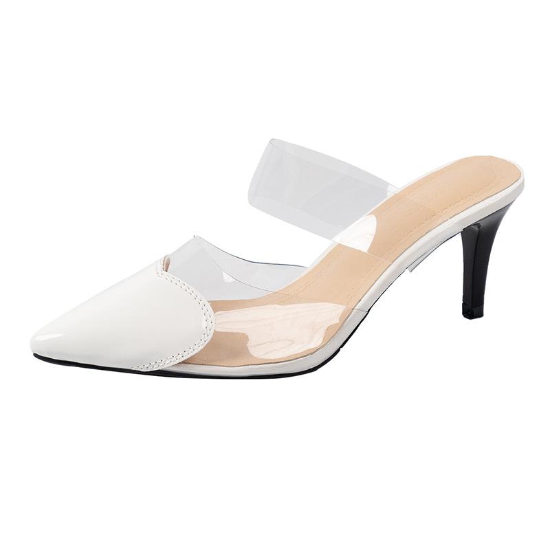 Fashion Pointed Toe Slippers High Heeled Summer Shoes Transparent PVC Slides Outside Wearing Slip On Black White Red