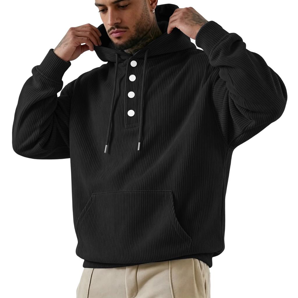 Sweat à capuche en velours côtelé pour homme, coupe ample, grandes poches, quatre boutons et, Sweatshirt décontracté de couleur