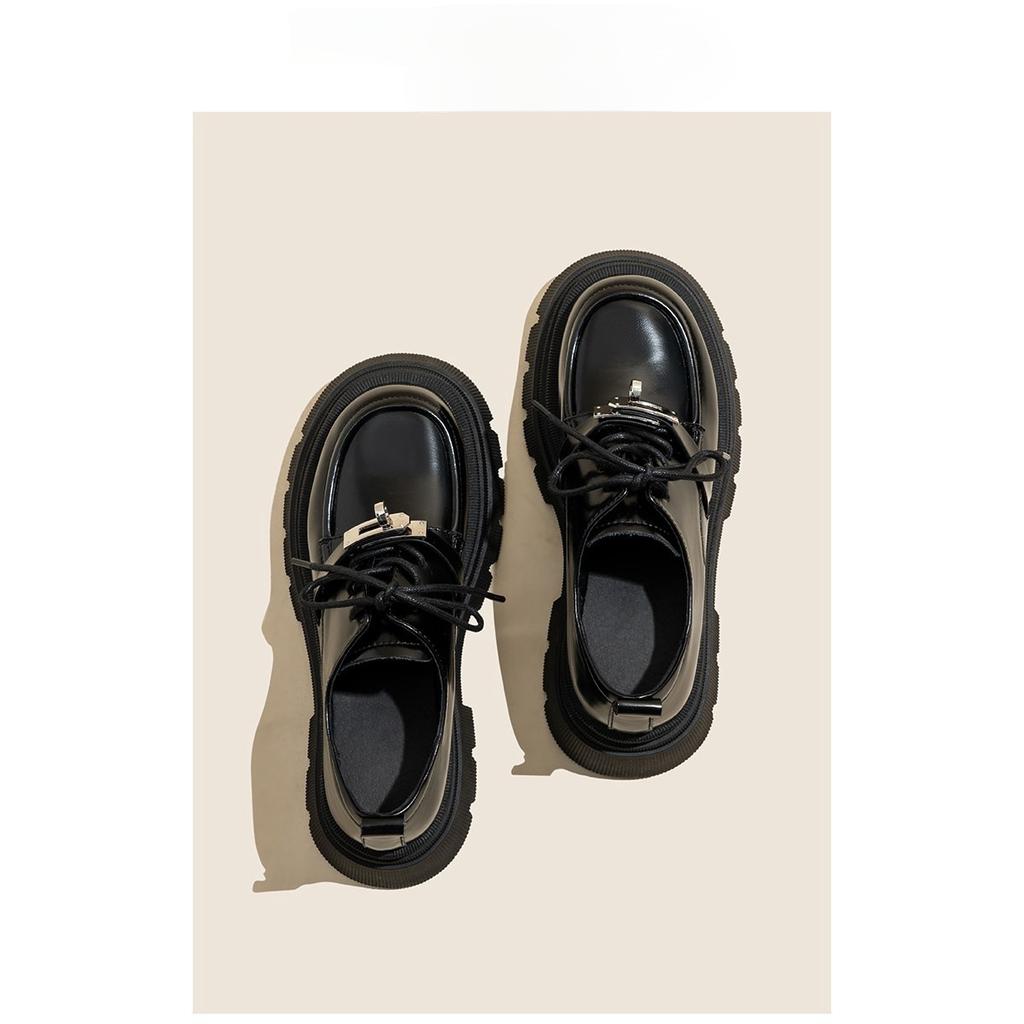 Black Lace-up Small Leather Shoes for Women's Spring New British Style Versatile Single Shoes for Women