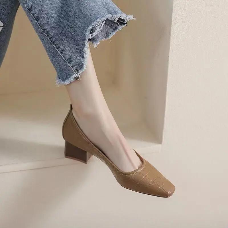 Fashion With Medium Heels Office Block Heel Square Chunky Shoes for Women Woman Pumps Toe Spring Summer 2025 Non Slip Luxury Brand Trend