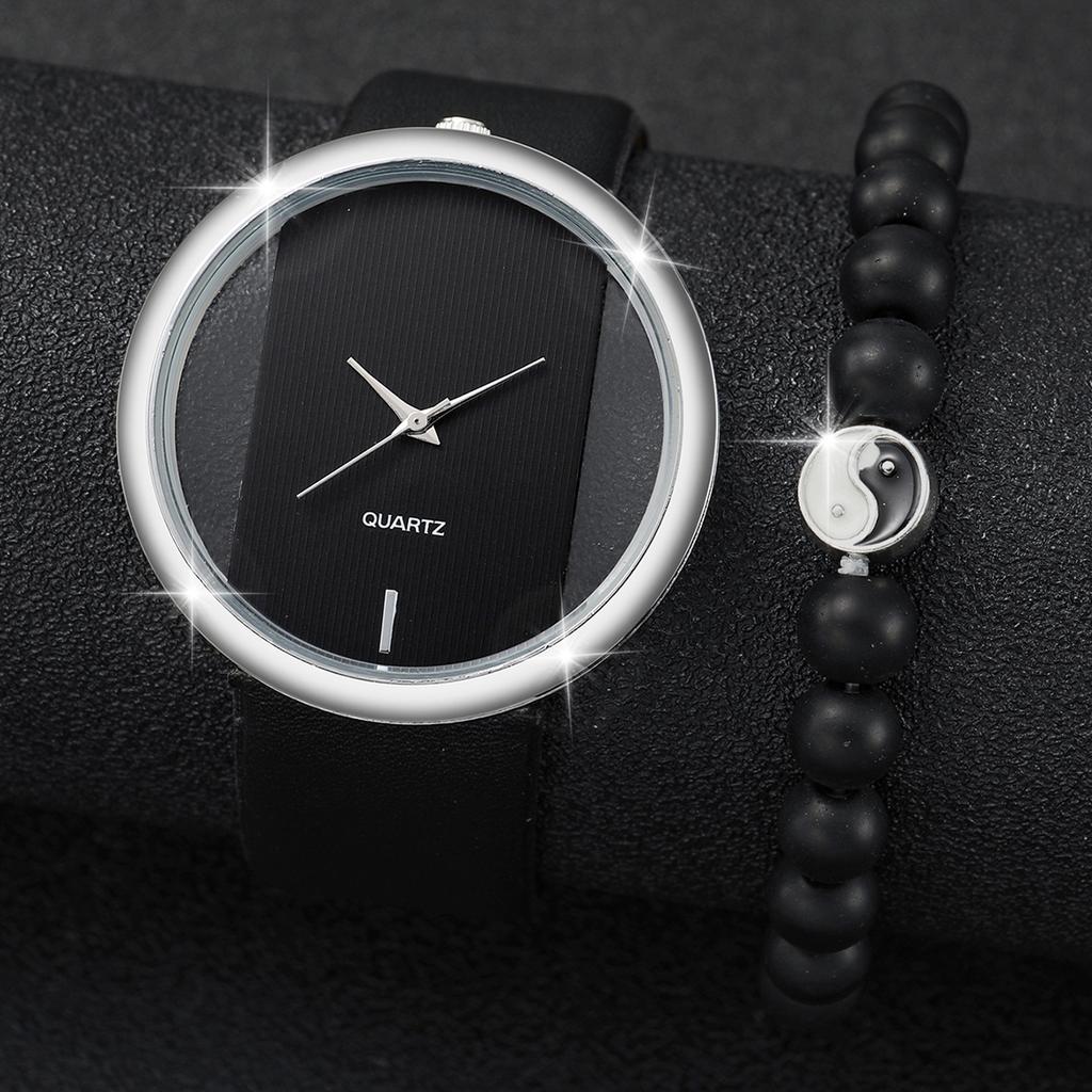 2 STÜCKE/Set Damenmodeuhr Lederarmband Einfache Quarzuhr mit Bagua-Perlenarmband