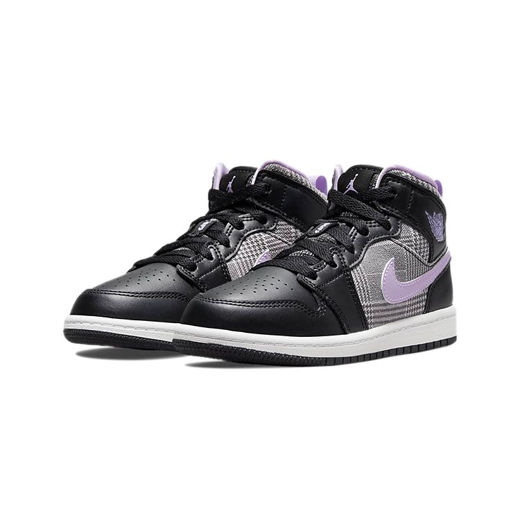 Air Jordan 1 Mid SE PS Houndstooth Kids Sneakers Black Lilac White DC7227-015
