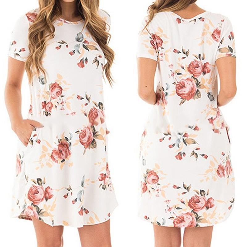 Летнее платье с принтом, с коротким рукавом, круглым вырезом и карманом S белый