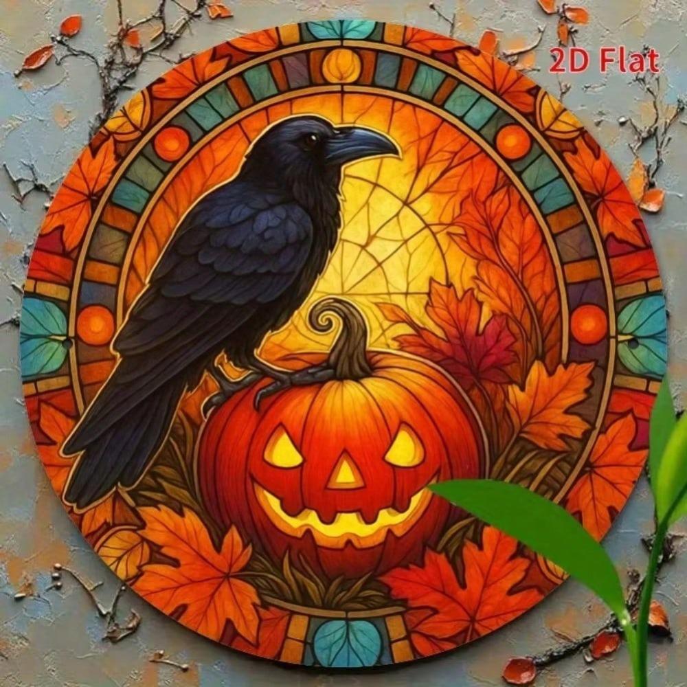 Vintage Iron Wall Art Round Sign Black Bird Pumpkin Autumn Leaves Halloween Home Decor