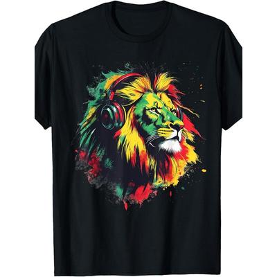 Europese maten Rasta Reggae DJ Leeuw van Juda Rastafari Wortels Jamaicaans T-shirt. Dezelfde stijl voor heren zomer 2025 kortmouwig bedrukt T-shirt