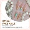 30PCS Glossy Nude Long Fake Nails with Green Pattern Prevailing Natural Look Press-On Nail Sets for Fingernail DIY Decoration