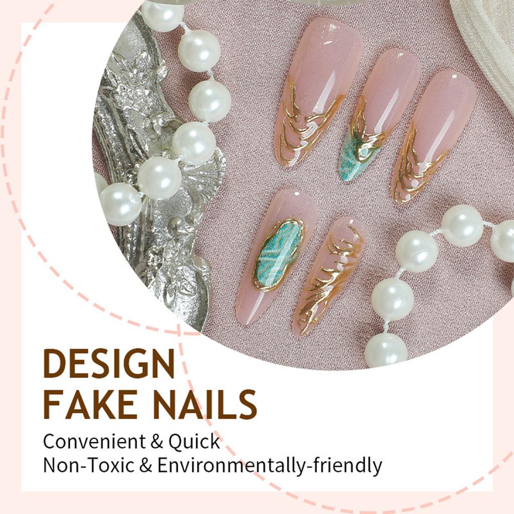 30PCS Glossy Nude Long Fake Nails with Green Pattern Prevailing Natural Look Press-On Nail Sets for Fingernail DIY Decoration