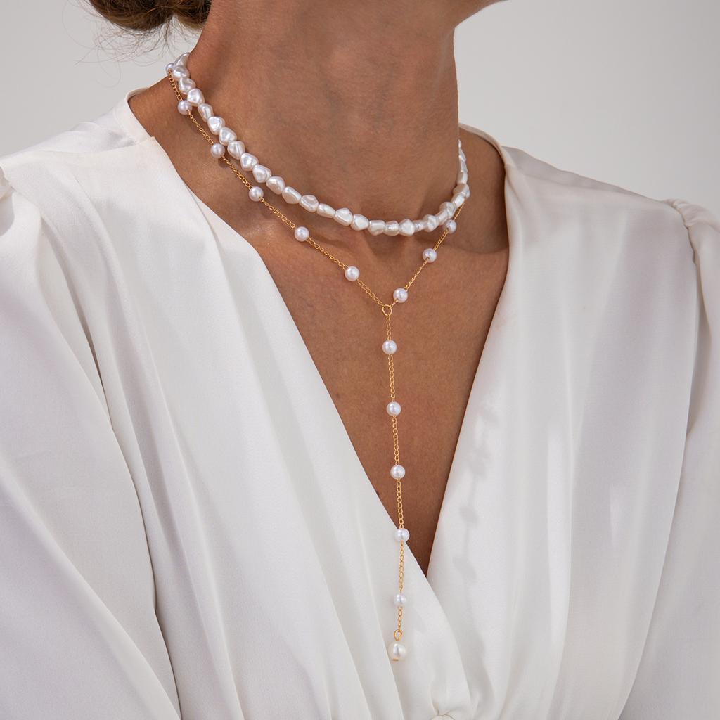 Premium Feeling Pearl Beaded Multi-Layer Collarbone Chain Personalised Y Shape Pearl Tassel Necklace Set