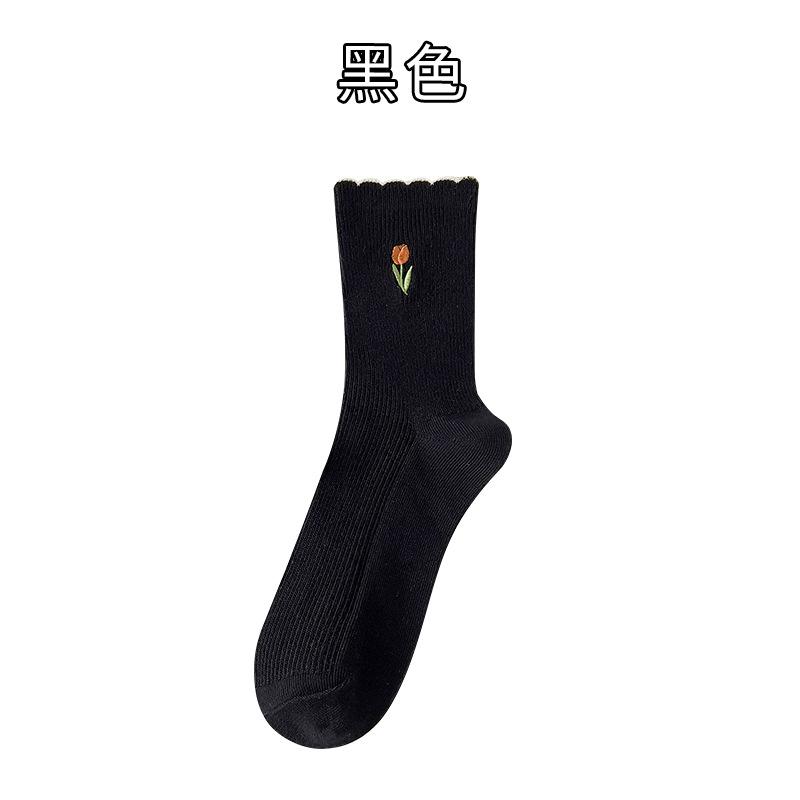 Socks, Women'S Double-Needle Cotton Socks, Medium Socks, Xiaohongshu Explosive Tulip Flower Socks, Embroidered Cotton Socks