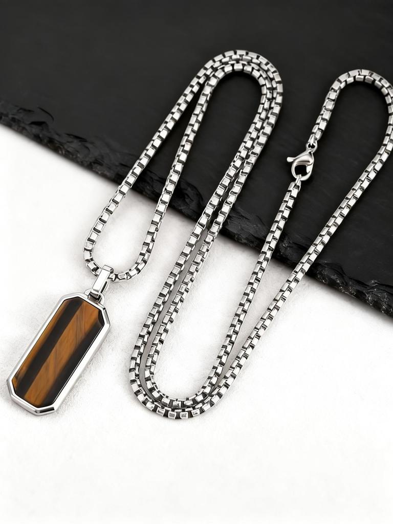 Small Dogtag Tiger Eye Stone Necklace for Men,Stainless Steel Silver Color Natural Stone Pendant,Punk Biker Jewelry Gift