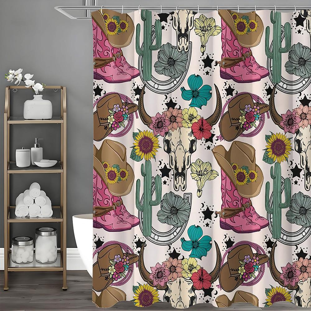 Western Cowboy Bullhead Cactus Boots Cowboy Hat Shower Curtain, Bathroom Decorative Shower Curtain, Waterproof Shower Curtain wi