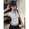 American Spice Girl V-Neck Single-breasted Short Sleeve T-Shirt Women's Summer Slim Skinny Grey Threaded Casual Versatile Front Shoulder Top