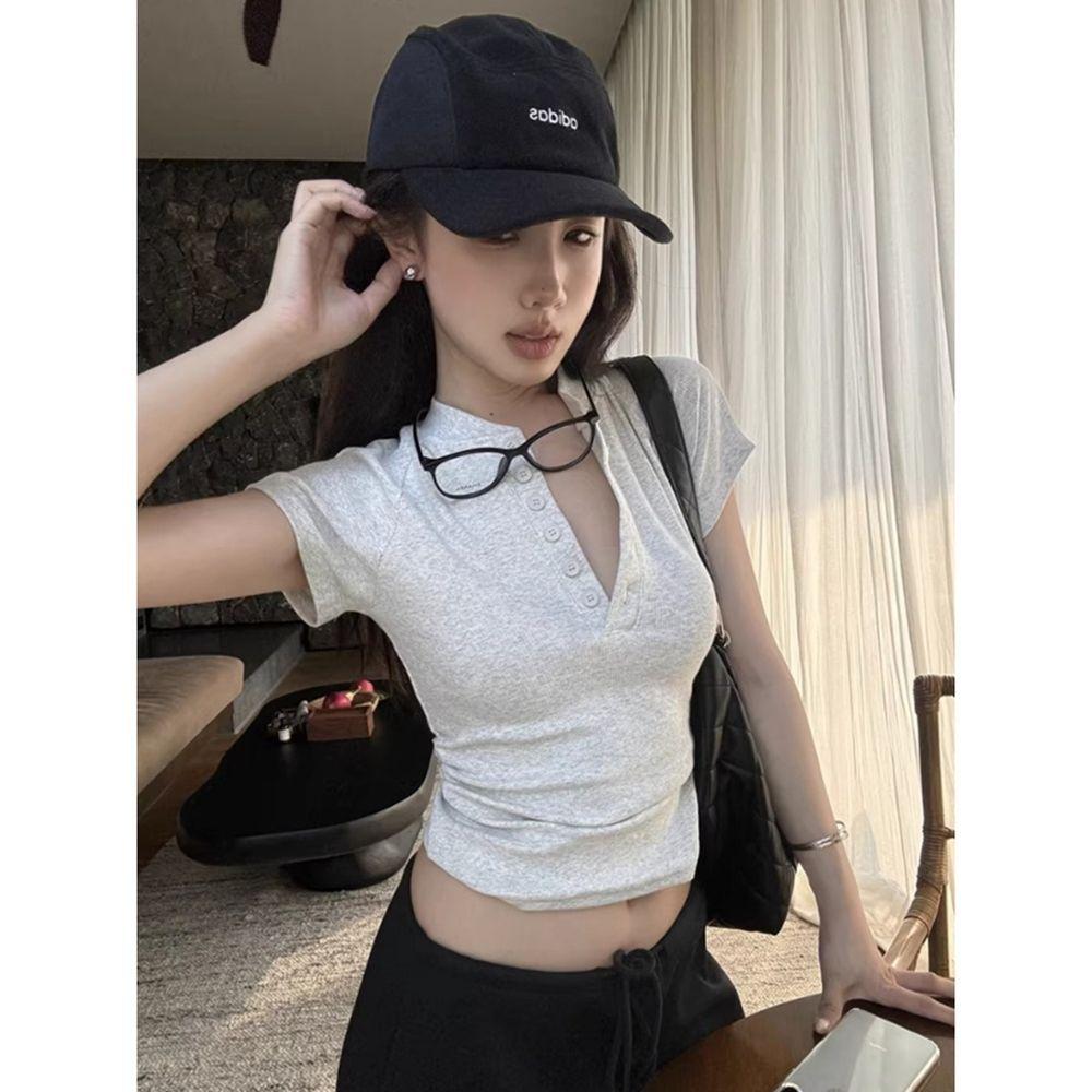 American Spice Girl V-Neck Single-breasted Short Sleeve T-Shirt Women's Summer Slim Skinny Grey Threaded Casual Versatile Front Shoulder Top