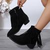 fashion Womens Boots for Vintage Tassel Cowgirl Suede Leather Point Toe Large Size Female Boots Winter Thick Heel Zipper Western Booties