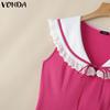 VONDA Summer Women Lace Hem Naval Collar Sleeveless Ruffled Casual Dress