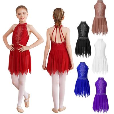 Costum Patinaj Artistic Fete Body Decoltat la Spate Fustă Asimetrică din Plasă Rochie Strălucitoare cu Strassuri pentru Spectacol de Dans