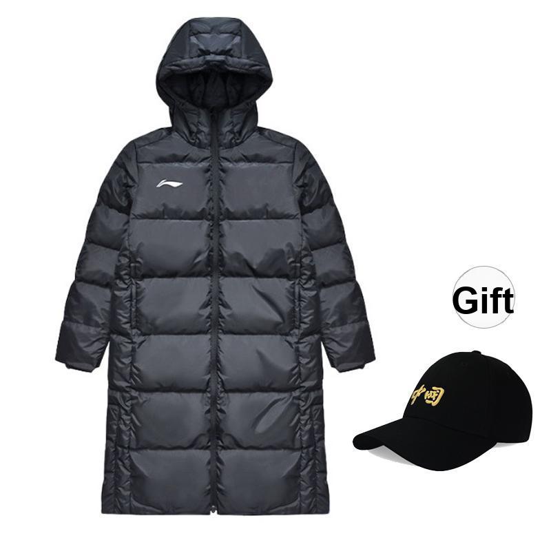 Li-Ning Campus Series Thick Hollow Large Logo Hooded Long Down Jacket Unisex Outerwear Black YYMU155-1