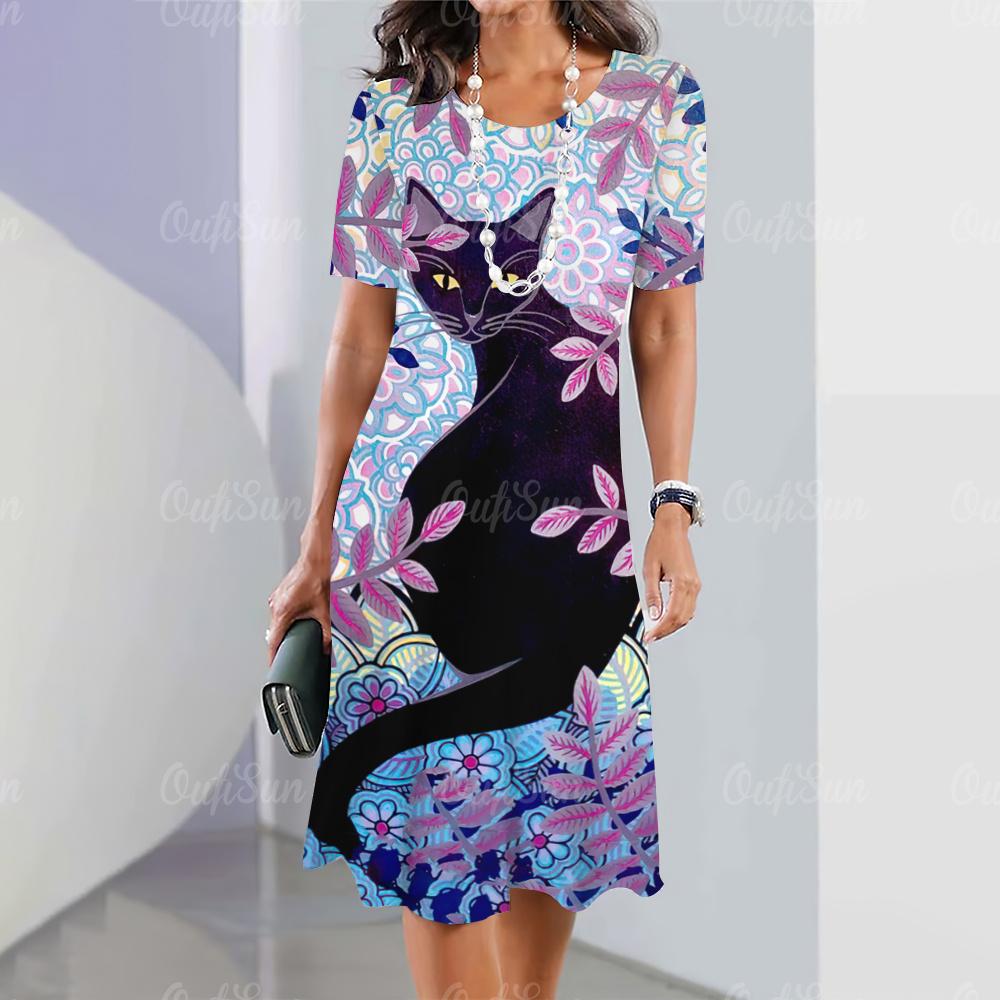 

Нові жіночі сукні з мультяшним принтом кота, літні, елегантні, з коротким рукавом, модний одяг великого розміру 8XL