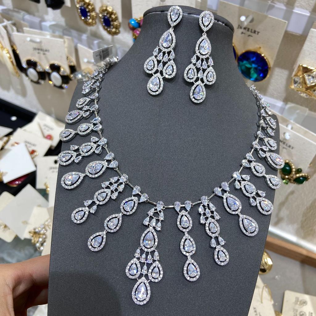 Wind Geometry Water Drop Long Micro-Inlaid Zircon Earrings Necklace Luxury Temperament Banquet Super Flash Bridal Wedding