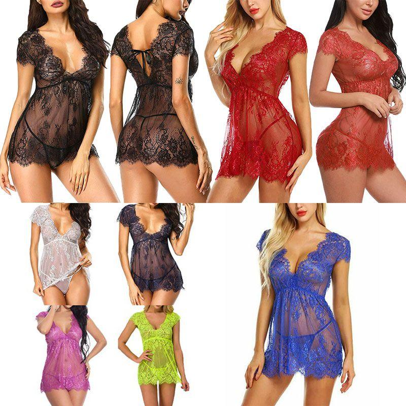 Luxurious Women Eyelash Lace Sexy Lingerie See-through Babydoll Sleepwear Dress T-back Set For Elegant Nights