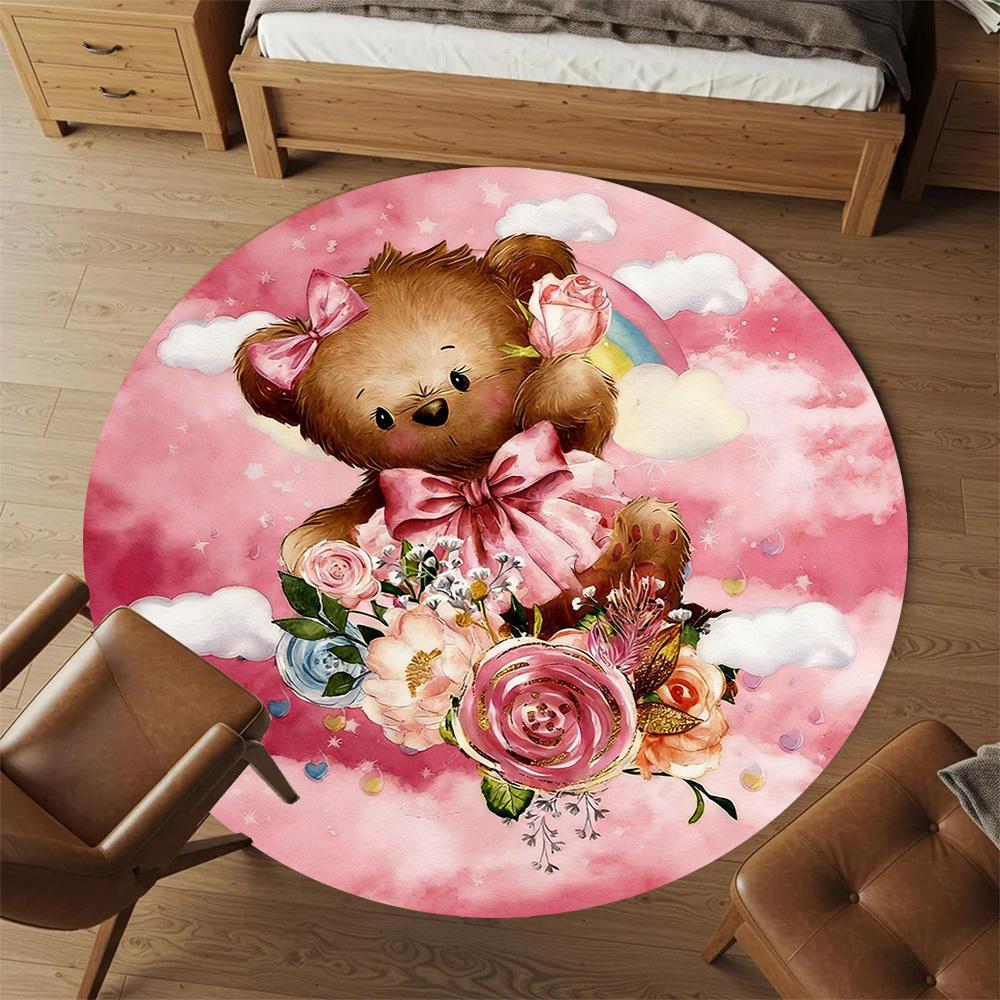 1pc Bear Flowers Round Chair mat office Area Rug - Non-Slip, Floor Mat for Office, Bedroom, and Indoor Decor p127297