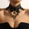 Retro Gothic Black Lace Choker Necklace with Steampunk Gear Design for Women