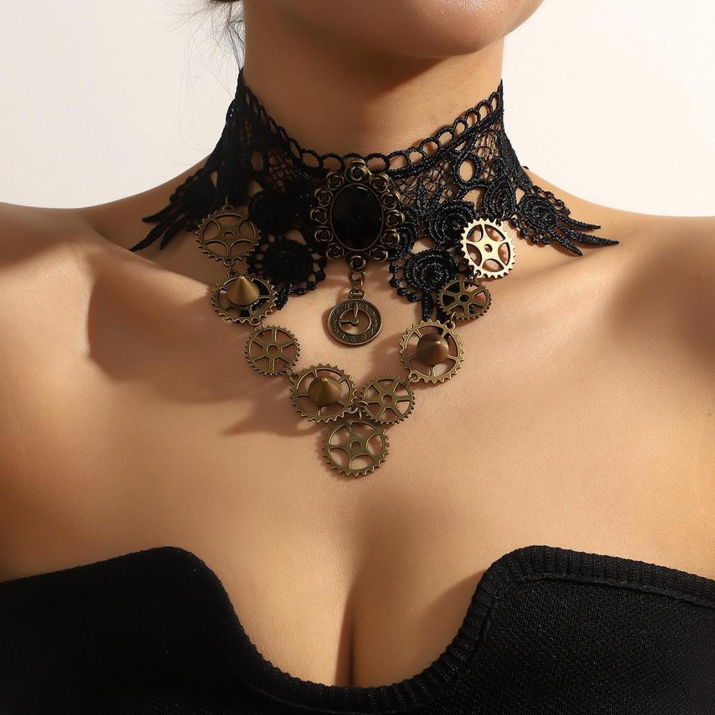 Retro Gothic Black Lace Choker Necklace with Steampunk Gear Design for Women