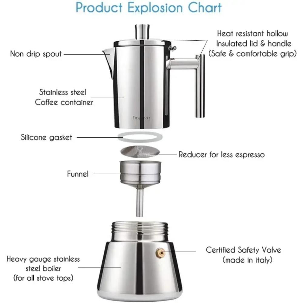 Easyworkz Diego Stovetop Espresso Maker Stainless Steel Italian Coffee Machine Maker 4Cup 6.8 oz Induction Moka Pot